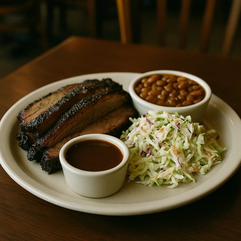 Sliced brisket with a side of baked beans, coleslaw, and BBQ sauce on a white plate.