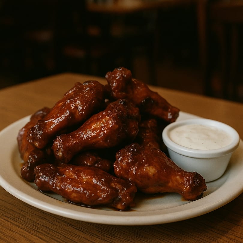 A plate of glistening BBQ chicken wings with a side of creamy ranch dressing on a wooden table.