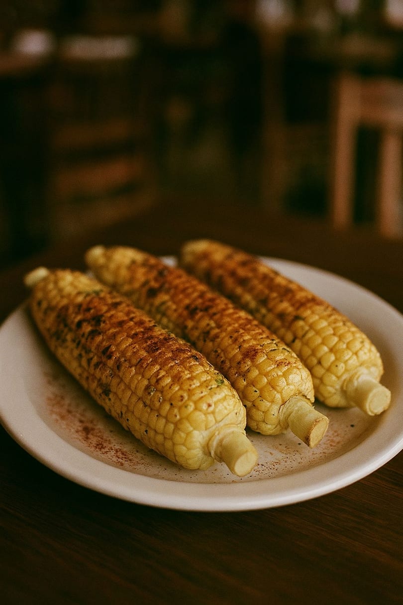 Three grilled corn on the cob, seasoned with spices, on a white plate at The BBQ House.