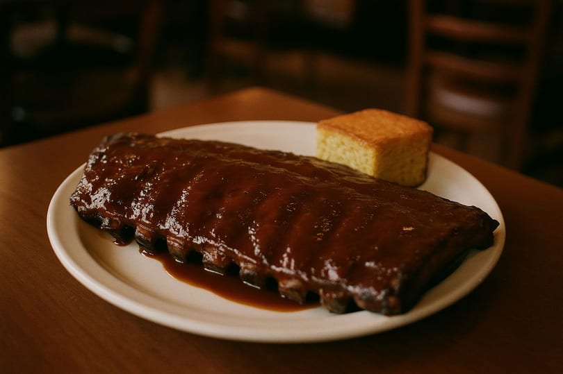 A rack of BBQ ribs smothered in sauce with a side of cornbread on a white plate.
