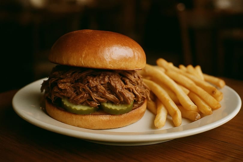 The BBQ House pulled pork sandwich with pickles and a side of golden french fries on a white plate.